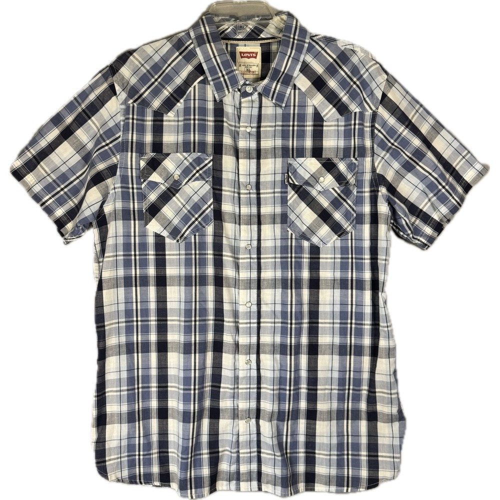 Levi's Western Shirt Men XL Blue Plaid Pearl Snap Short Sleeve Country